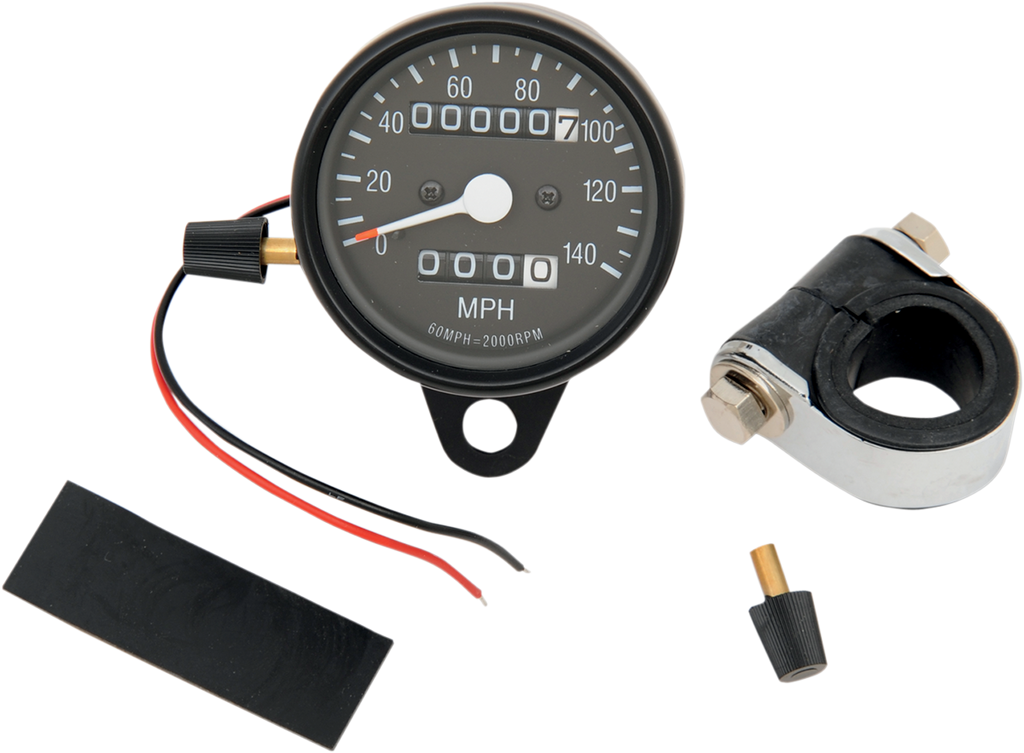DRAG SPECIALTIES 2.4" MPH Mini LED Mechanical Speedometer/Indicators/Trip - Black Housing - Black Face - 2:1 21-6815BDS