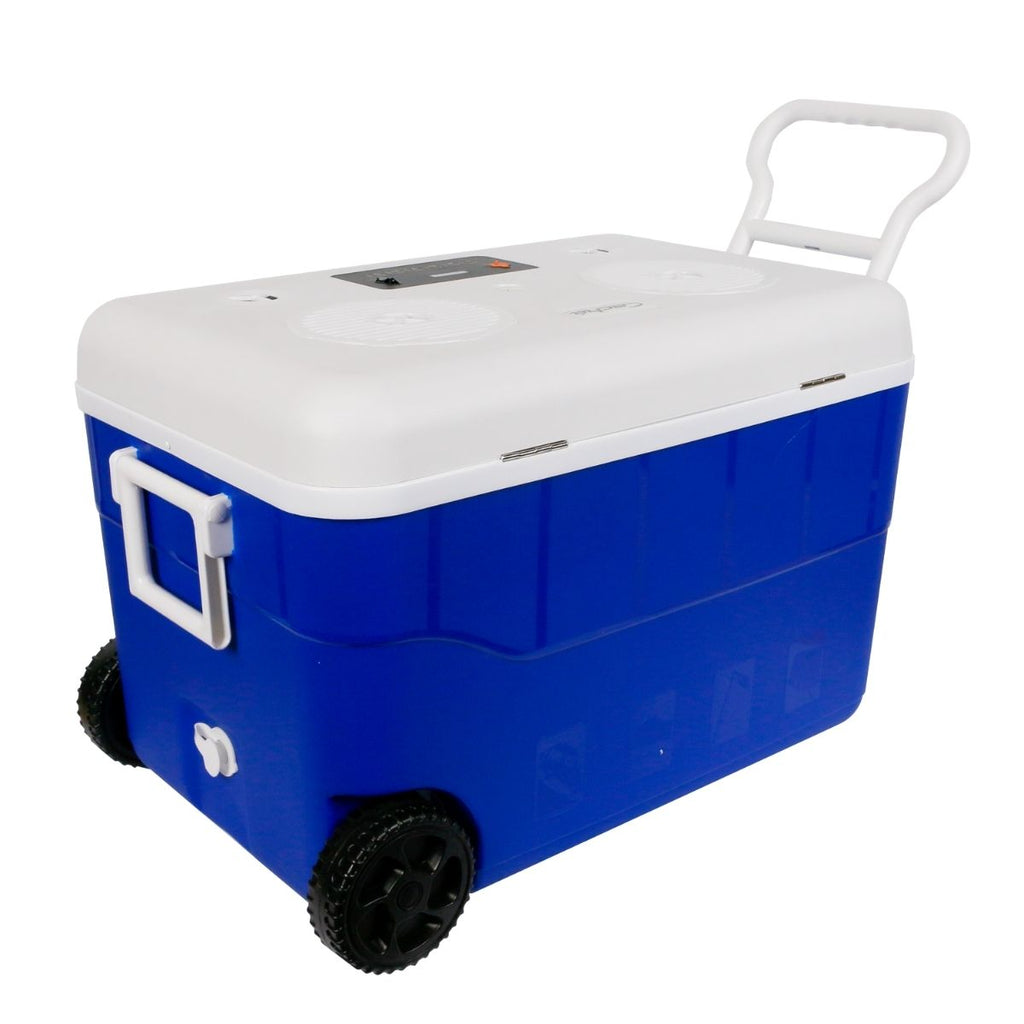 CERWIN VEGA 55QT Blue Cooler with 6.5" 2-Way Marine Built-In Speakers, BT Streaming, Phone Charger, 10hr Battery CVC65B